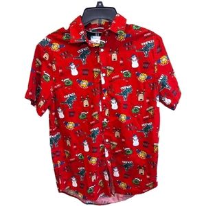 Denim and flower Red Christmas Novelty print button‎ up short sleeve size small